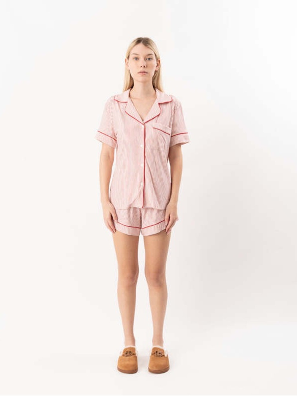 Eberjey GISELE PRINTED RELAX SHORT PAJAMA SET -
DUO STRIPE HOLLYRED